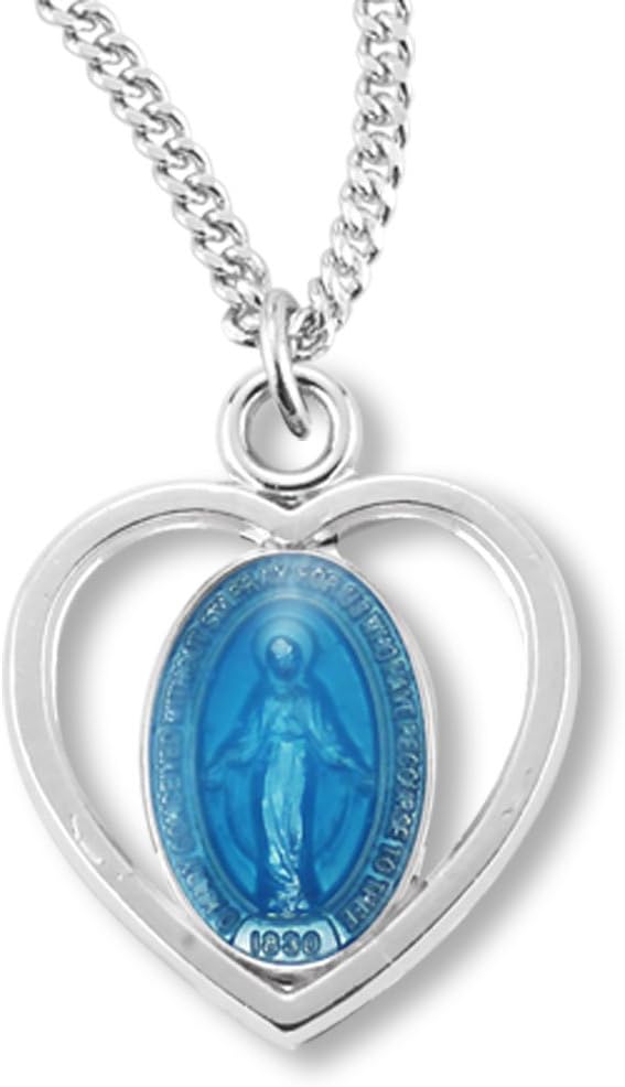 Heartland Store Girls Sterling Silver Heart Shaped Blue Enamel Miraculous Pendant + 16 Inch Rhodium Plated Chain & Clasp| USA Made