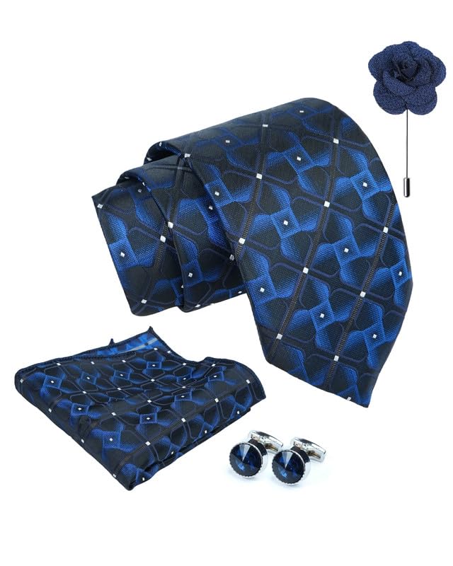 Tie for Men – Dotted Silk Neck Ties Set with Cufflinks Flower Pin, Pocket Square & Black Gift Box, Combo Necktie Sets for Office Wear, Formal Suits & Weddings (0, 3dpn)