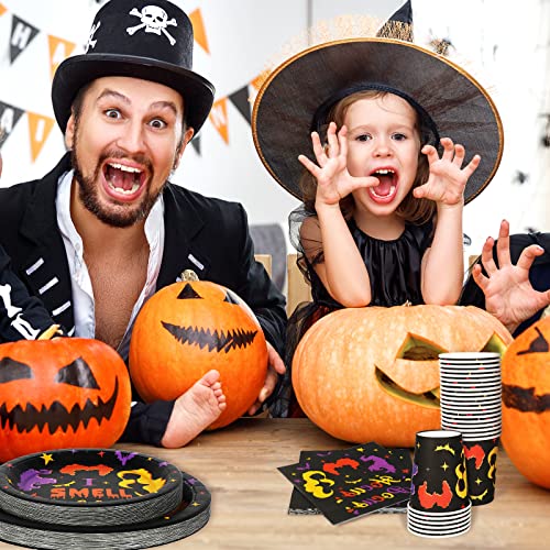 Whaline 100Pcs Halloween Tableware Set Hocus Pocus Disposable Dinnerware Set 50Pcs Paper Plates 25Pcs Napkin 25Pcs Cups For Halloween Party Witch Theme Party Supplies Table Decorations #TOP6