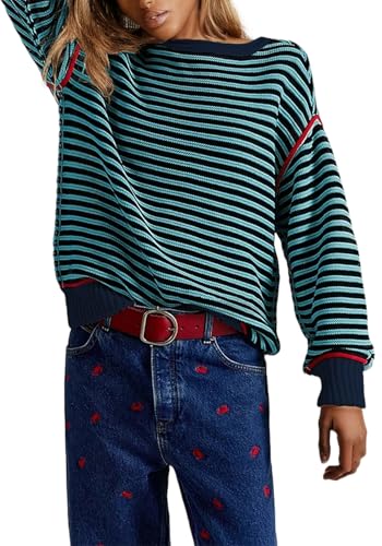 Women's Fall Casual Long Sleeve Sweaters Oversized Crewneck Striped Color Block Y2K Pullover Tops