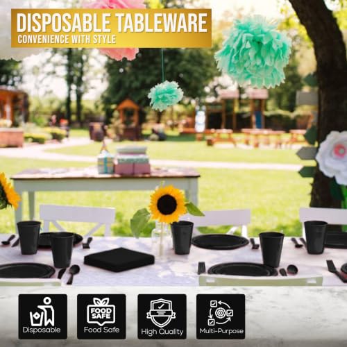 Image of Exquisite 350 Pcs Black Plates and Napkins Party Supplies Plate Sets | Sturdy Plastic Dinnerware Set With 9 inch & 7 inch Plates, 12 Oz Cups, Lunch Napkins and Cutlery Serves 50 for Birthdays & Everyday