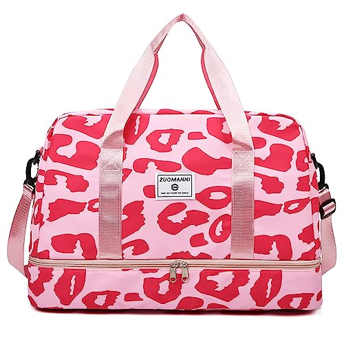 Vllcsla Bolsa de Gimnasio Mujer 42.43L, con Compartimento de Zapatos y Bolsillo Húmedo, Bolsa Weekend Mujer Duffel Bolso Deportivo, Bolsas Viaje Fin de Semana Equipaje de Mano, Rosa Blanco