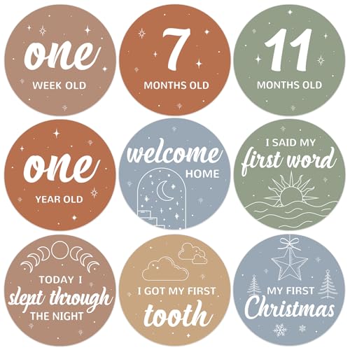 Image of Baby Monthly Milestone Cards -15 Reversible Milestone Pictures Photo Prop Cards for Newborn Boy Girl Baby Growth Cards New Mom Welcome Home Hello World Sign (Boho)