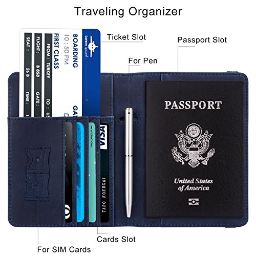 Image of WALNEW Passport Holder for Travel, RFID Passport Cover Wallet for Women Men, PU Leather Passport Book Card Holder Case with Pen (Elastic Band Closure, A-Navy Blue)