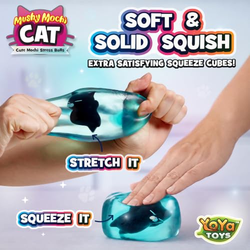 YoYa Toys MushyMochi Cat – Squishy Cubes 2-Pack – Fidget Cube Stress Balls with Mochi Cats – Cute Kawaii Stretch & Squeeze Squishies, Cool Cat Calming Sensory Toy – Great Gift for Kids - Boys & Girls
