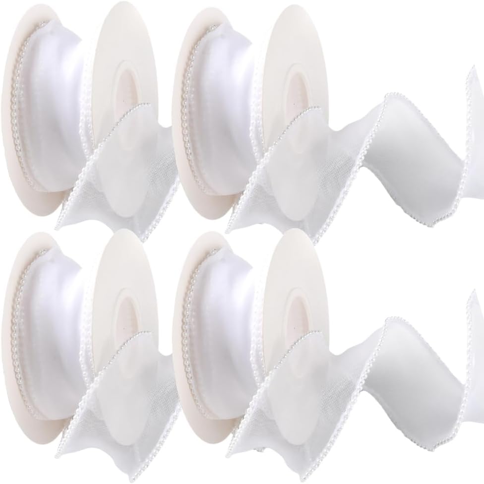 4 Rolls 20 Yards 1.5 Inch White Ribbon with Pearls Silk Mesh Fishtail Sheer Organza Pearl Edge Bead Transparent Ribbons Trim Bulk Roll for Sewing Making Crafts Gift Wrapping Wedding Bouquet