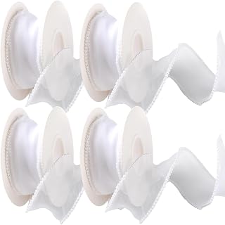 4 Rolls 20 Yards 1.5 Inch White Ribbon with Pearls Silk Mesh Fishtail Sheer Organza Pearl Edge Bead Transparent Ribbons Trim Bulk Roll for Sewing Making Crafts Gift Wrapping Wedding Bouquet