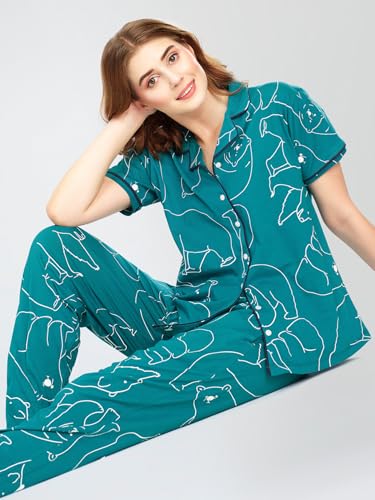 Image of ZEYO Night Suit for Women's Polar Bear Printed Cotton Night Dress of Shirt and Pajama Set 5756