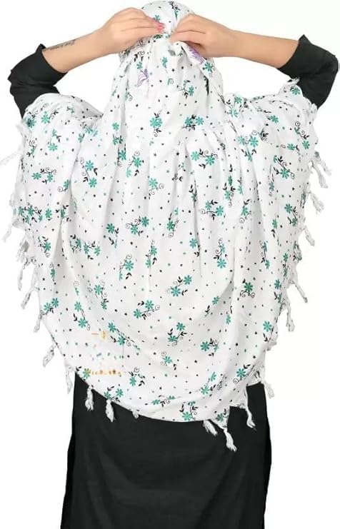 Image of Cotton Long Scarf Cum Mask Scarves Usable for Vehicle Driver | White Printed Design Fabric | Universal Size | Soft & Breathable Sun Protection | For Girl & Women