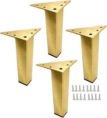 Metal Furniture Legs, 7 inch Brushed Gold/Brass Square Feet, 4pc Set Modern Home DIY Feet for Sofa Cabinet Chair Couch Coffee Table, Replacement Legs for Bench Ottoman Nightstand