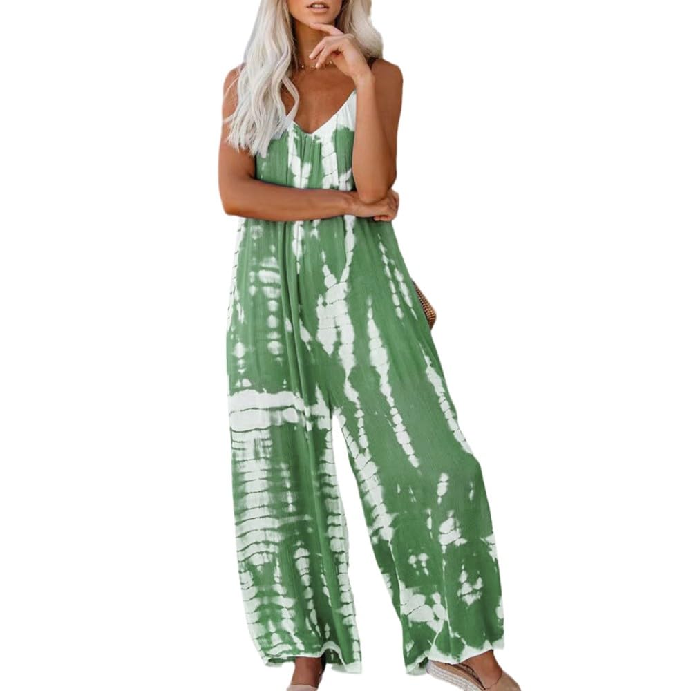 MontecarduoJumpsuits For Women - Women Sleeveless Rompers Tie-Dye Beach Boho Casual Jumpsuit Summer Vacation High Street Romper Overalls Wide Leg Playsuits