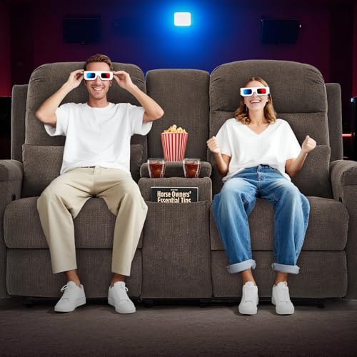 Image of RV Loveseat Recliner with Console, Reclining Loveseat Sofa, Manual Home Theater Seating with Pockets /Cup Holders for Living Room /RV Furniture (Coffee Chenille + LED)