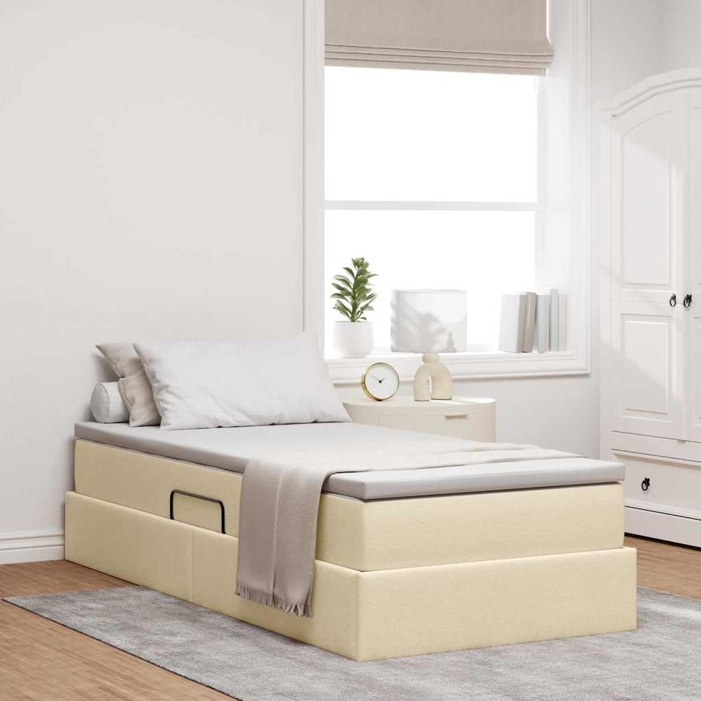 Letto portaoggetti con materasso crema, 90 x 200 cm, in poliestere, telaio in metallo, letto singolo con vano portaoggetti e meccanismo di sollevamento idraulico, moderno letto imbottito per