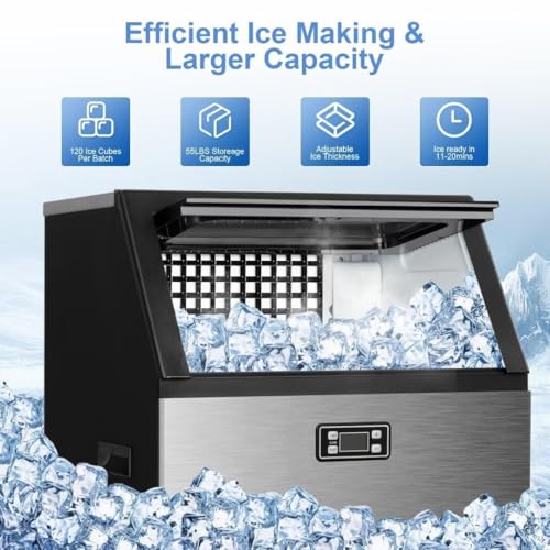 Image of Kismile Commercial Ice Maker,265lbs /24h Freestanding Ice Cubes Maker, 55 lbs Storage Bin, Complete Heavy Duty Stainless Steel Construction, Home Bar, Coffee Shop Ice Maker Machine,Silver