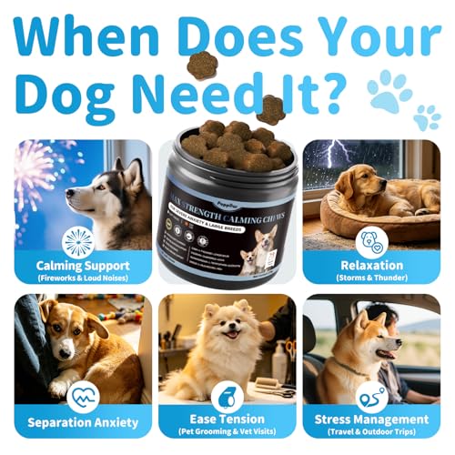 Image of Calming Chews for Dogs - Advanced Calming Treats for Dogs Anxiety, Stress, Separation, & Thunder, Relaxation with Ashwagandha & L-Theanine, Non-Drowsy Alternative to Melatonin, Chicken Flavor, 90Ct