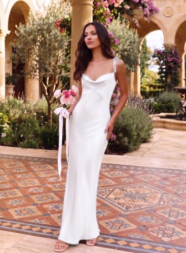 Image of 2026 Satin Cowl Neck Spaghetti Strap Maxi Dress for Women Bridesmaid | Silk,Tie Strap,Slip,Slit,Midi,Wedding Guest,Graduation,Elegant,Cocktail,Vacation,Party