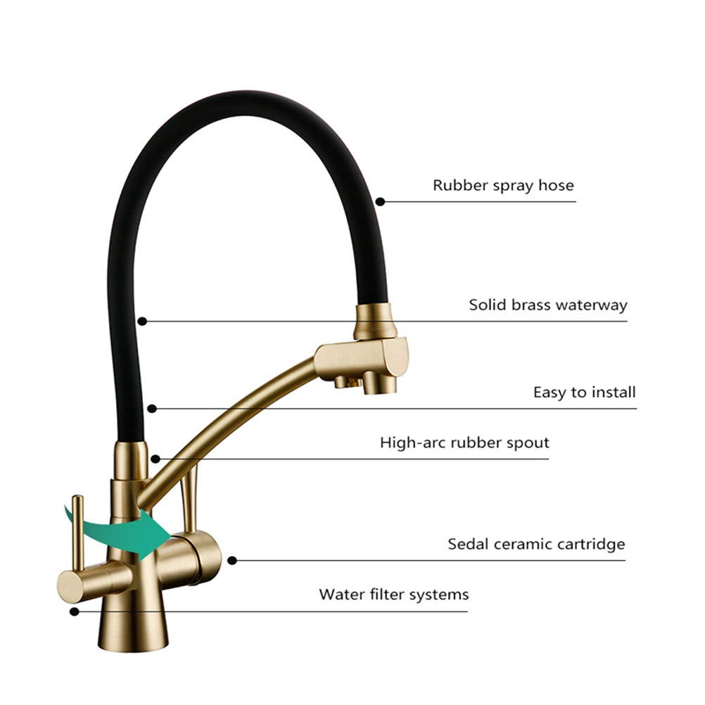Küchenarmatur 3-Wege Mit Wasserfilter – Messing Gebürstet Gold, Deck Mount, 360° Drehbar, Für Osmoseanlage