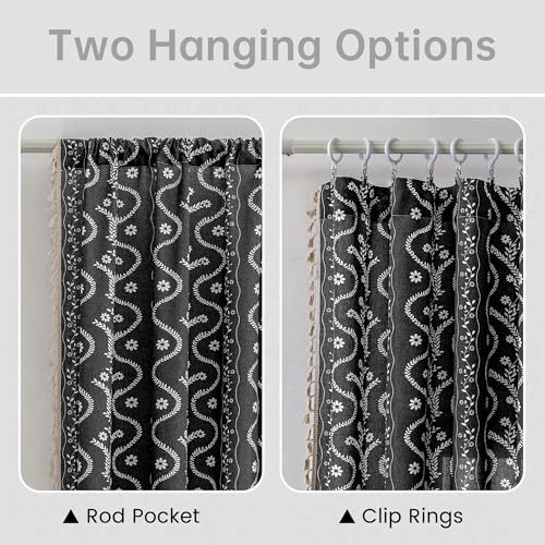 Image of Boho Curtains 84 Inch Long for Living Room, Bedroom, 2 Panels Floral Farmhouse Vintage Tassel Semi Sheer Light Filtering Privacy Window Curtain Drapes with Rod Pocket,Black