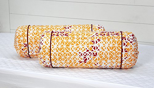 Image of AURAVE Cotton 144 TC Printed Bolster Cover with Drawstring Closure, Set of 2, Soft Breathable Durable Machine Washable for Sofa Bed & Home Decor, 15 inchx30 inch, Mustard | Cover Only