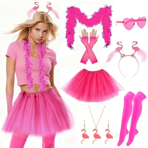 Flamingo Kostüm Damen, Pink Flamingo Outfit, mit Flamingo Haarreif, Brille, Federschal, Handschuh, Kniehohe Socken, Halskette, Ohrringe und Pinker...