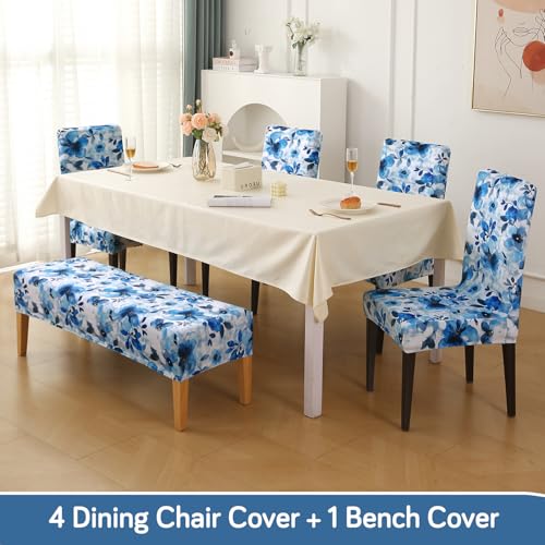 Image of HOKIPO Premium Printed Velvet Dining Chair Cover Set of 4 with 1 Bench Cover, Blue Azure Botanical (AR-5799-D8)