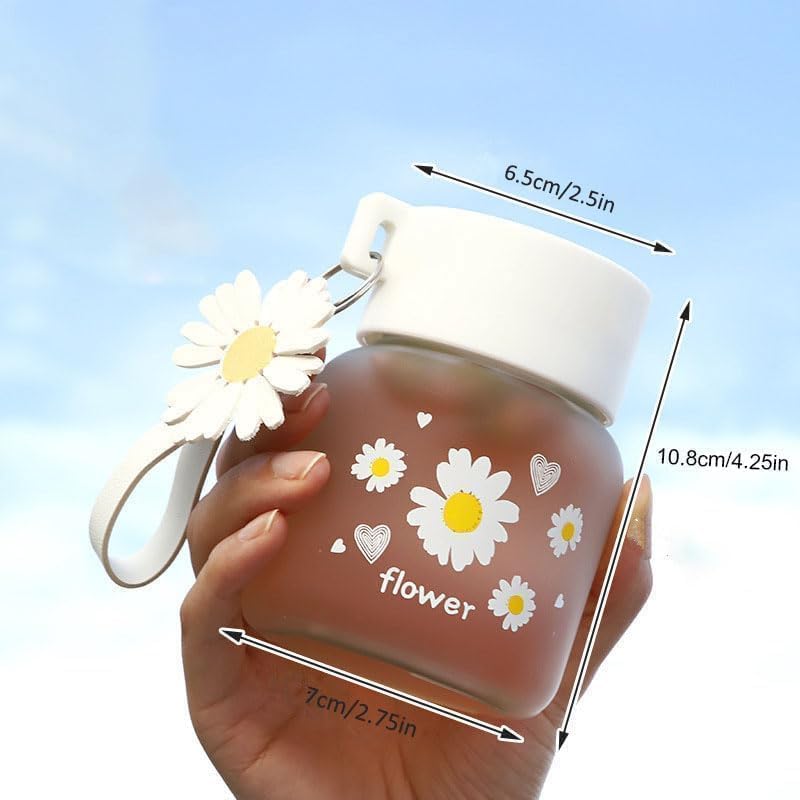 Image of Glassbunny Frosted Glass Water Bottle with Lid and Portable Rope, 300 ML Drinking Glass Coffee Mug Juice Jar Flower Printed Tea Cup for Office, Summer, Home, Outdoor