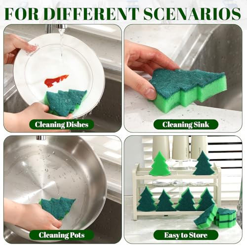 Image of Tioncy 12 Pack Christmas Tree Kitchen Sponges Bulk Dual Sided Scrubber Sponges Dishwashing Non Scratch for Kitchen Accessories Dish Scouring, Green
