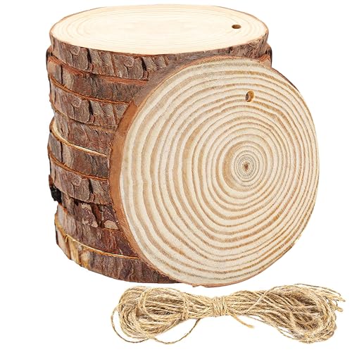 Kurtzy Set de 10 Rodajas de Madera para Manualidades con Agujero y Cuerda - 10 a 12 cm de Diámetro, 10 mm de Grosor - Troncos Madera Decoracion Rústica con Corteza - Adornos Colgantes de Navidad