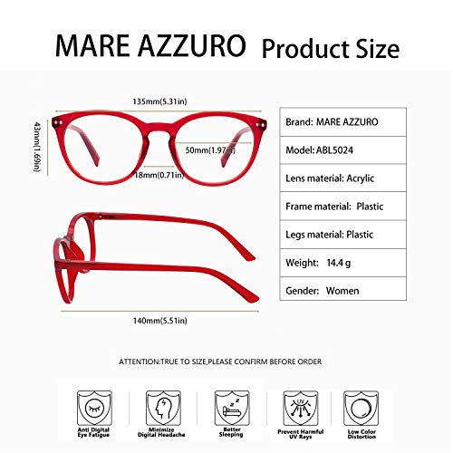 Image of MARE AZZURO Blue Light Blocking Reading Glasses Women Round Computer Readers 0 1.0 1.25 1.5 1.75 2.0 2.25 2.5 2.75 3.0 3.5 4.0 5.0 6.0 (Red, 500)