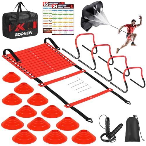 Agility Speed Training Equipment Set - 20ft Speed Ladder, 12 Cones, 4 Adjustable Hurdles, Jump Rope, Parachute, Ideal for Basketball, Football, Soccer, for Kids, Youth, Adults