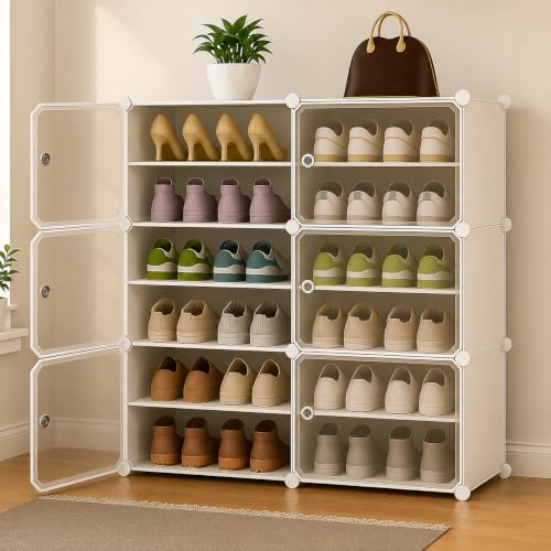Image of Plastic Shoe Rack for Home with Door | 12-Shelf DIY Shoe Cabinet Organiser | Stores 24 Pairs | Foldable & Waterproof Shoe Stand for Entryway, Bedroom