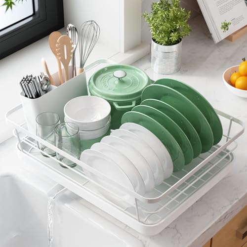 Kitsure 食器水切りラック - スペース節約型の水切りかご カトラリーボックス付き食器乾燥ラック 奥行き30.5cm×幅39.6cm ホワイト