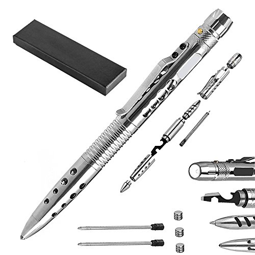 OWSOO Bolígrafo Táctico Autodefensa Linterna LED + Glass Breaker + Bolígrafo + Herramientas Multifuncionales + 2 Cartuchos de Tinta + 3 Baterías