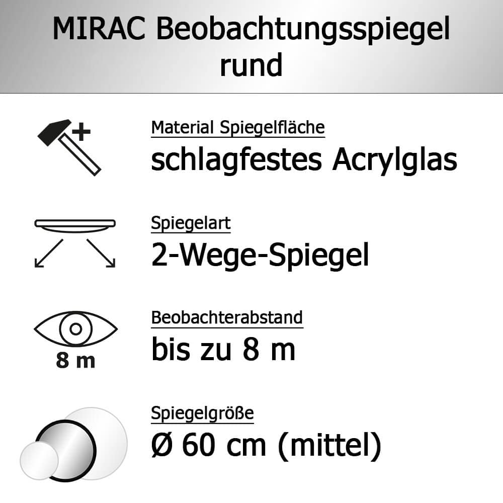 Weitwinkelspiegel MIRAC, Acrylglas, rund, Ø 60 cm aus Glas, Kunststoff, Art.-Nr. 35114 | Überwachungsspiegel | Kontrollspiegel