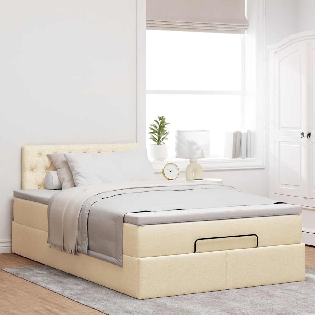 Cama otomana con colchón, 120 x 200 cm, tela crema, LED, gran espacio de almacenamiento, mecanismo de elevación hidráulica para jóvenes y habitaciones de invitados