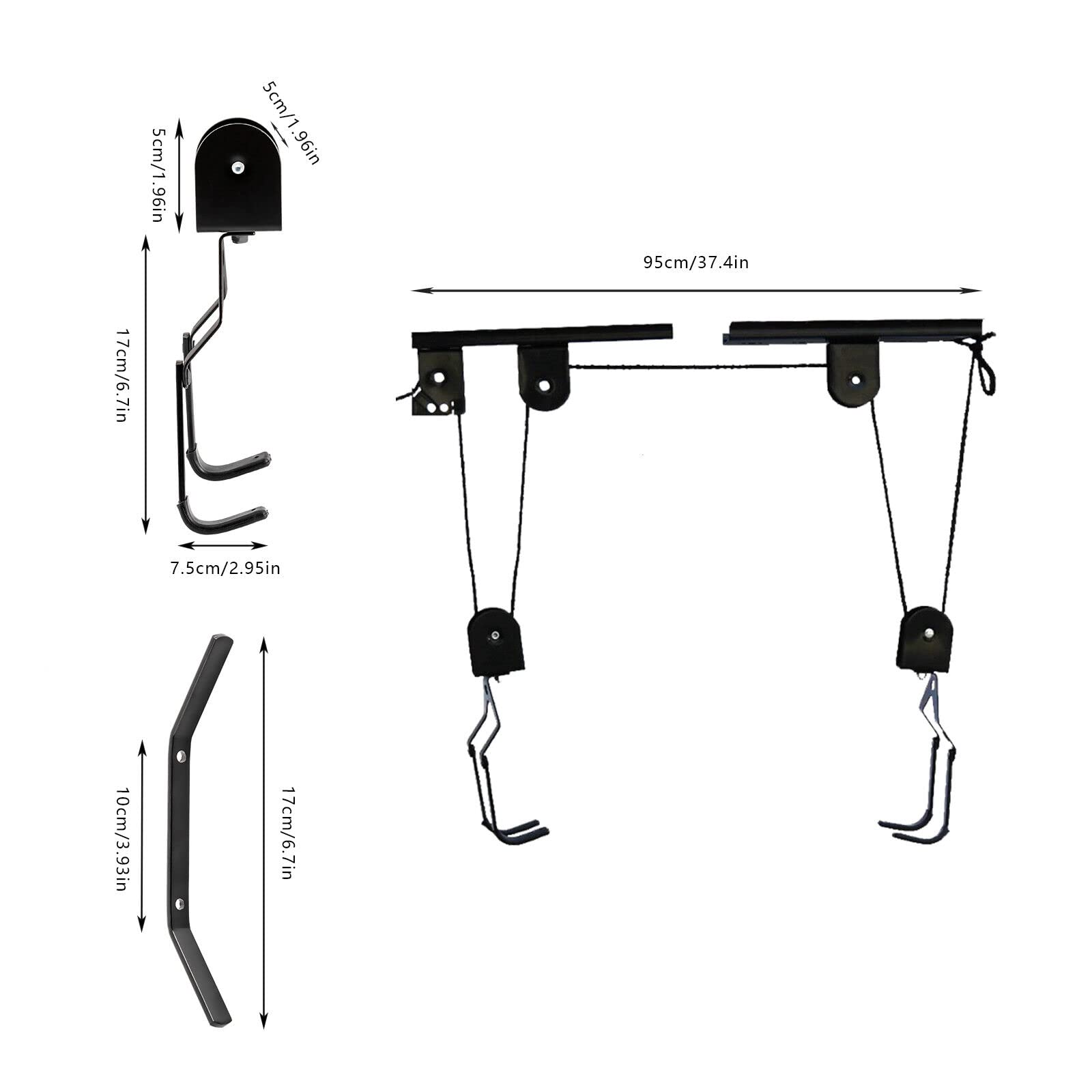 Bike Lift Fahrradlift Bike Hoist Hochbelastbar Fahrrad Deckenhalterung Fahrradlift Bike Hoist mit Flaschenzug Bike-Lift FahrradaufhäNgung Wand Fahrradlift Rack bis zu 60KG Schwarz