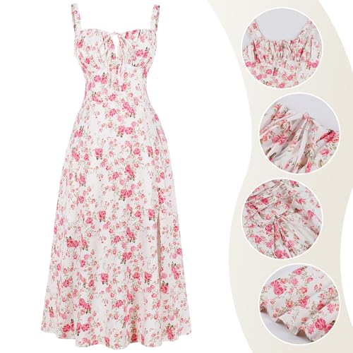 Image of Women Floral Corset Dress 2026 Boho Midi Sundress Summer Dress | Flowy A-Line Dress with Adjustable Spaghetti Straps Lace Up Back Front Slit High Waist for Vacation Wedding Guest