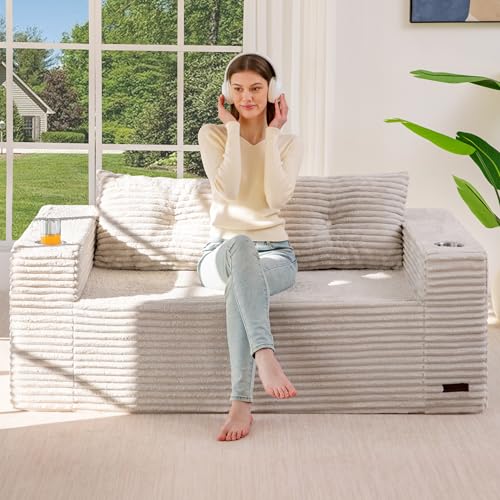 Image of MAXYOYO 63 inch Boneless Loveseat Sofa Couch for Small Spaces, Mini Love Seat Floor Couch with Cup Holders and Pillows, 2-Seater Upholstered Cloud Couch for Bedroom Apartment, No Assembly Required