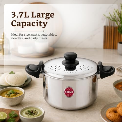 Image of Amazon Brand - Solimo SS Strainer Pot /Rice Pot 3.5L with Lock Handles | Induction Bottom Stainless Steel Cookware| Even Heat Distribution | Gas & Induction Compatible | Dishwasher Safe | BIS Certified