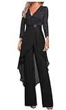 Mother of The Bride Pant Suits 2 Pieces Outfit Set Formal Dresses Chiffon Formal Jumpsuits Outfit with V Neck Lace Appliques
