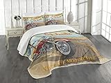 Lunarable Route 66 Bedspread, Road with Freedom Wheels Classical Motorbike Nostalgic Trip Travel in USA Theme, Decorative Quilted 3 Piece Coverlet Set with 2 Pillow Shams, Queen Size, Beige Blue