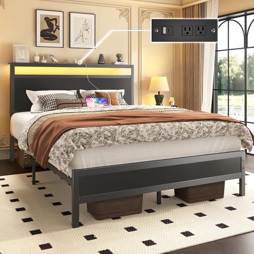 Image of Fluest Full Bed Frame with Headboard & Footboard, Full Bed Frame with Built-in Charging Station & LED Light, Storage Shelf, Noise-Free, No Box Spring Needed, Easy Assembly, Classic Black