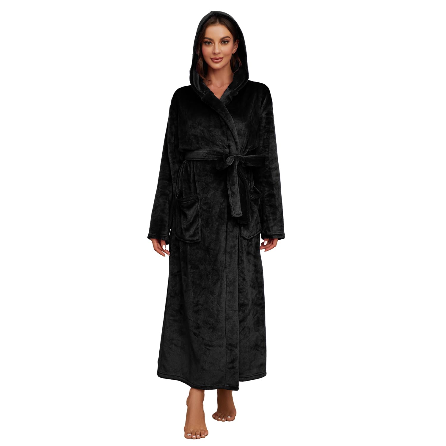 HEARTNICE Womens Long Hooded Robe, Soft Warm Fleece Bathrobes Full Length Plush House Coat