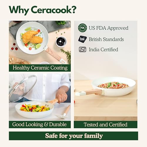 Image of Kreme Ceracook Ceramic Coated Granite Fry Pan 1.8L /24cm with Glass Lid, ISI Certified Frying Pan, Forged Aluminium, Gas & Induction Use, Non Toxic, PFAS & PTFE Free, 1 Year Warranty, Ivory