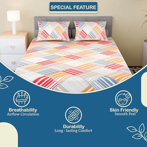 Image of Kuber Industries Cotton 350 TC Double Bedsheet With 2 Pillow Covers | Machine Washable Soft Bedsheet For Living Room, Home & Hotels | Zig Zag Print - White