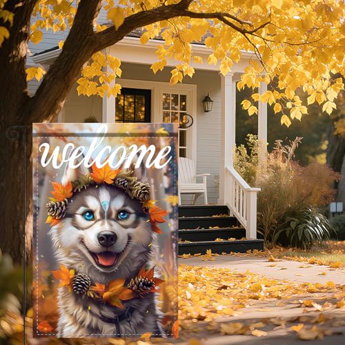 Image of Nuxovilar 12x18 inch Husky Dog Autumn Leaf Wreath Flag