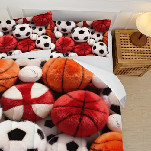 Image of Soccer and Basketball Comforter Set Queen Bed for Boy Bedroom,Sports Bedding Set Queen for Kids,with 1 Comforter with 2 Pillow Case,Sports Themed Bedroom Decor for Teen Boys