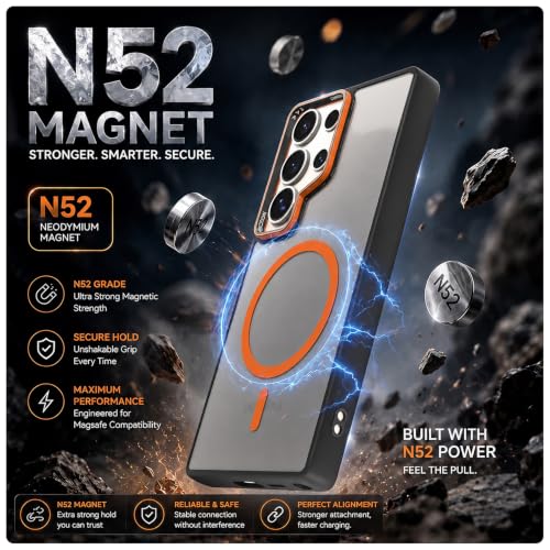 Image of Pikkme Back Cover for Samsung Galaxy S24 Ultra 5G | Shockproof | Mag-Safe Compatible | Hard Transparent Back | Premium Raised Camera Protection | Bumper Case (Black & Orange Mag-Safe)