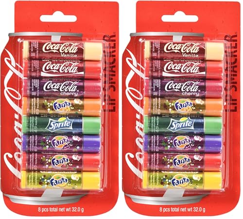 Lip Smacker Coca Cola Party Pack, Set de 8 Bálsamos Labiales Surtidos con Sabores Auténticos de Coca-Cola, Fanta y Sprite (Paquete de 2)