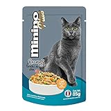 Minino Plus Recetas, alimento húmedo Sabor Carnitas de atún, 85 g, Gris, Paquete con 24 Piezas